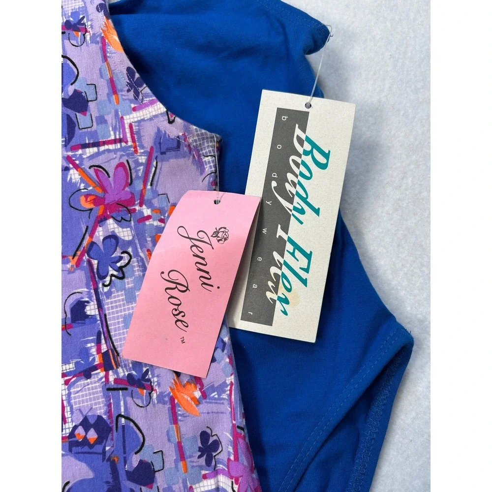 Vintage Jenni Rose Body Flex Kids Leotard Set 12/14 Blue Purple Floral 90s USA